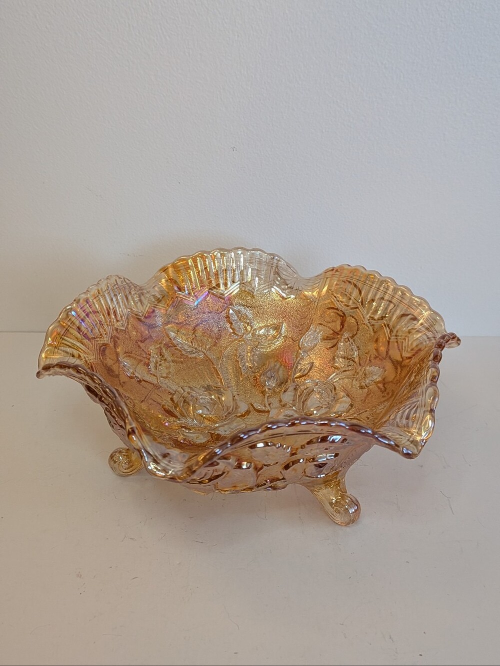Imperial Glass Peach Iridescent Glass Lustre Rose Three Footed Bowl Ruffle Edge